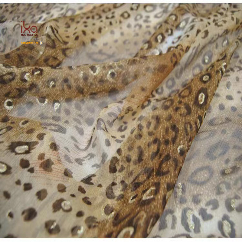 Wholesale Trade Leopard Print Pure Silk Crinkle Crepe Fabric with Gold Dust