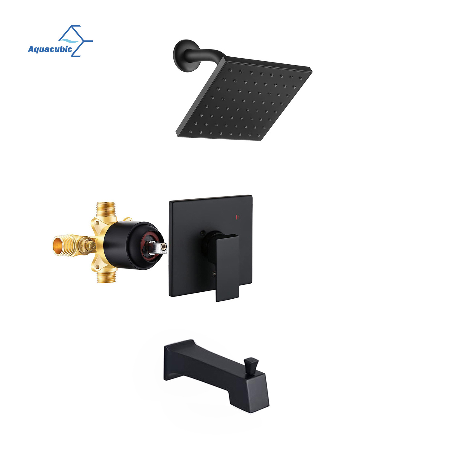 Aquacubic Matte Black Wall Mounted Bathroom Tub Shower Faucet with 6-Inch Rain Shower Head