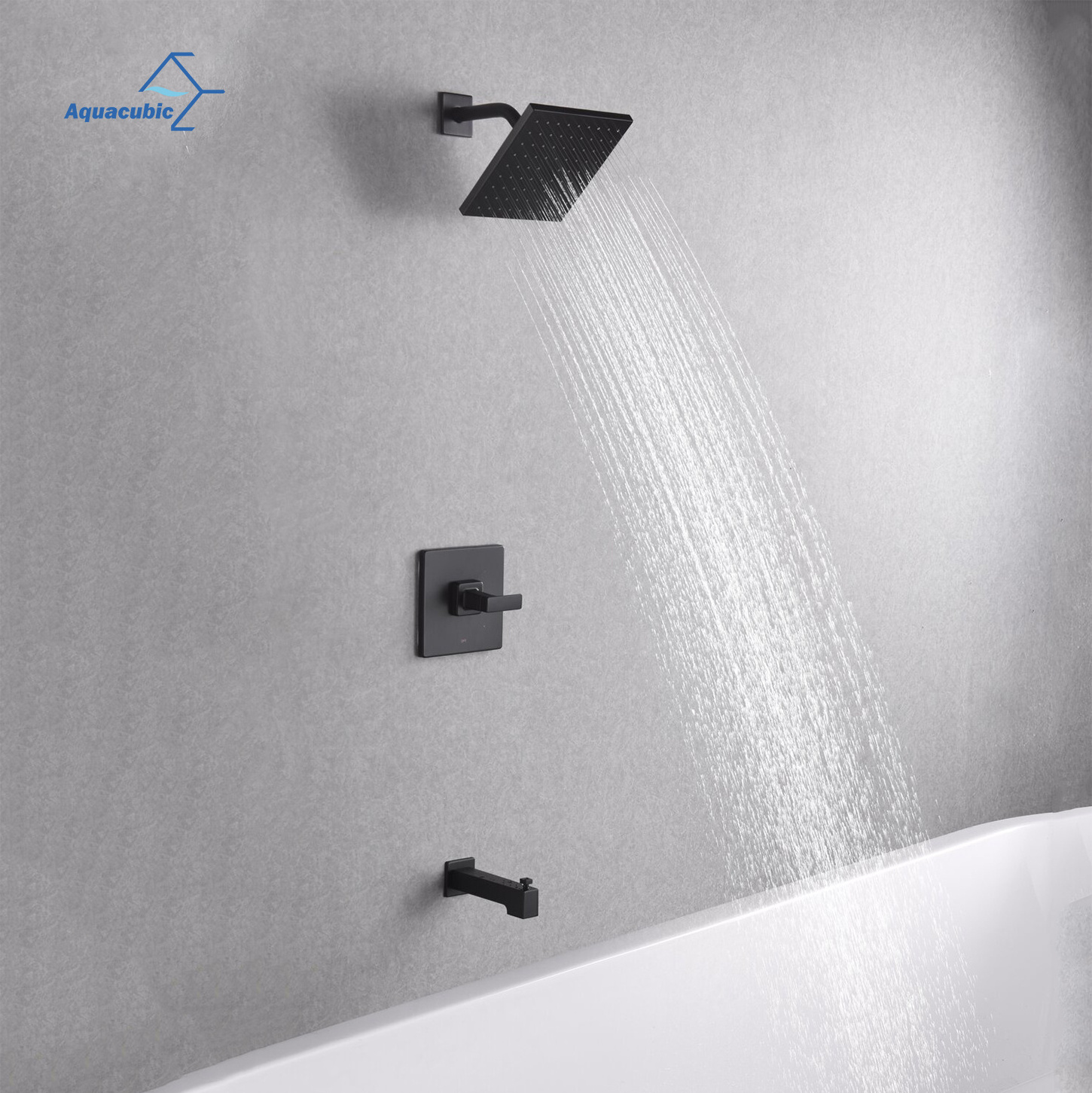 Aquacubic Matte Black Wall Mounted Bathroom Tub Shower Faucet with 6-Inch Rain Shower Head