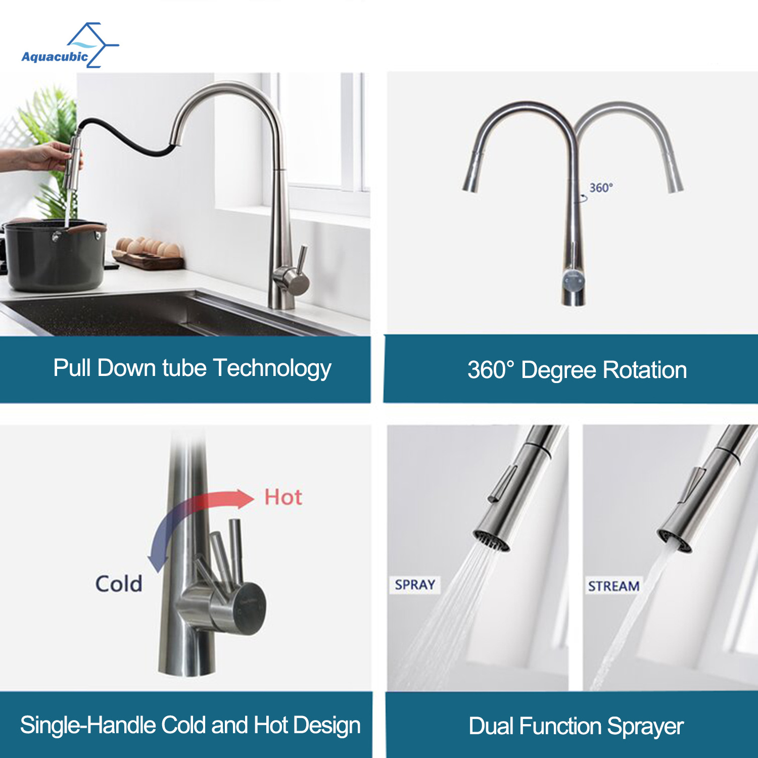 Luxury Home Single Lever 304 Stainless Steel Kitchen Sink Water Mixer Tap Pull Down Kitchen Faucet