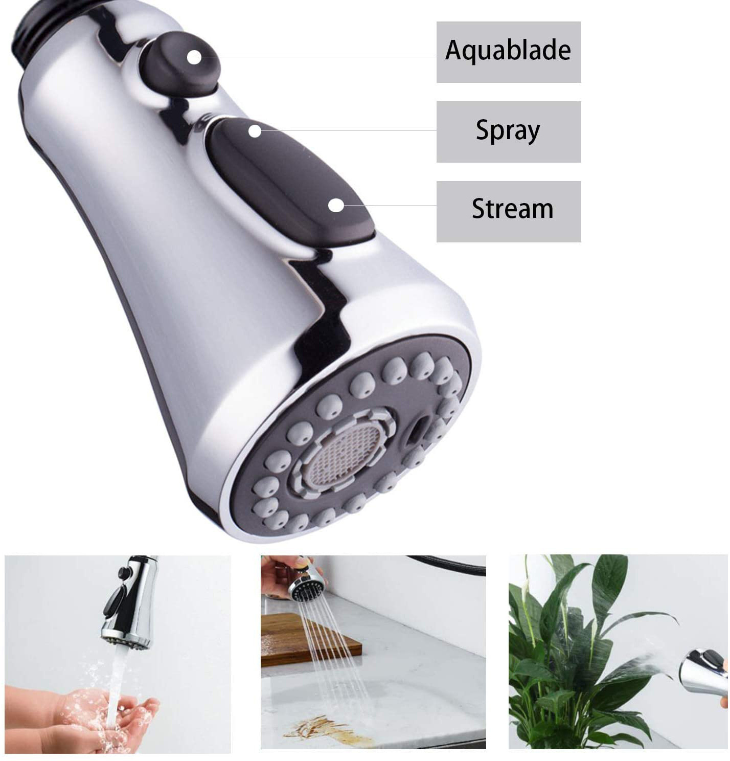 Aquacubic Chromed Replacement Kitchen Sink Faucet Spray Head with 3 Modes