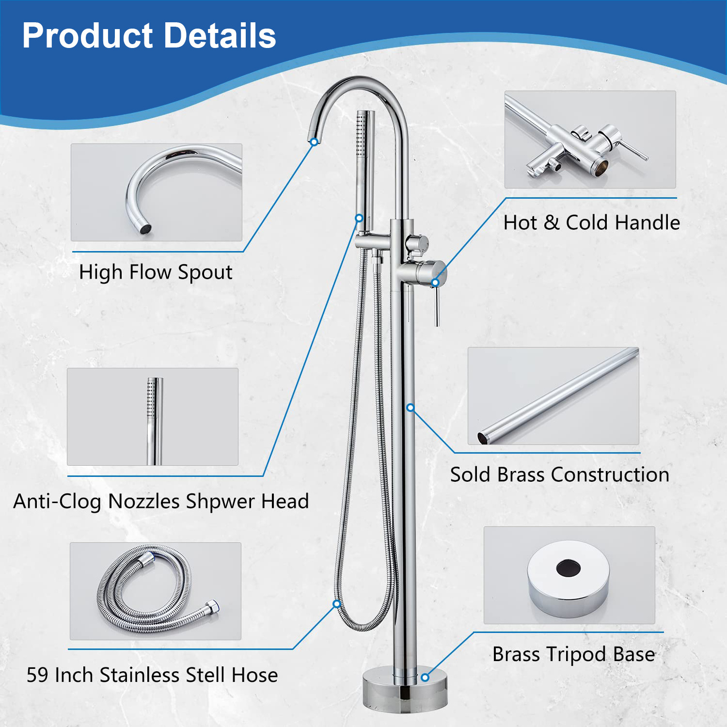 Aquacubic CUPC Certified Brass Floor Mounted Freestanding Bathtub Free Standing Tub Filler Faucet