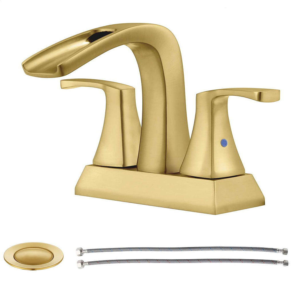 New Bathroom Brushed Gold Dual Handles Water 4 in Centerset Bathroom Sink Waterfall Basin Faucet