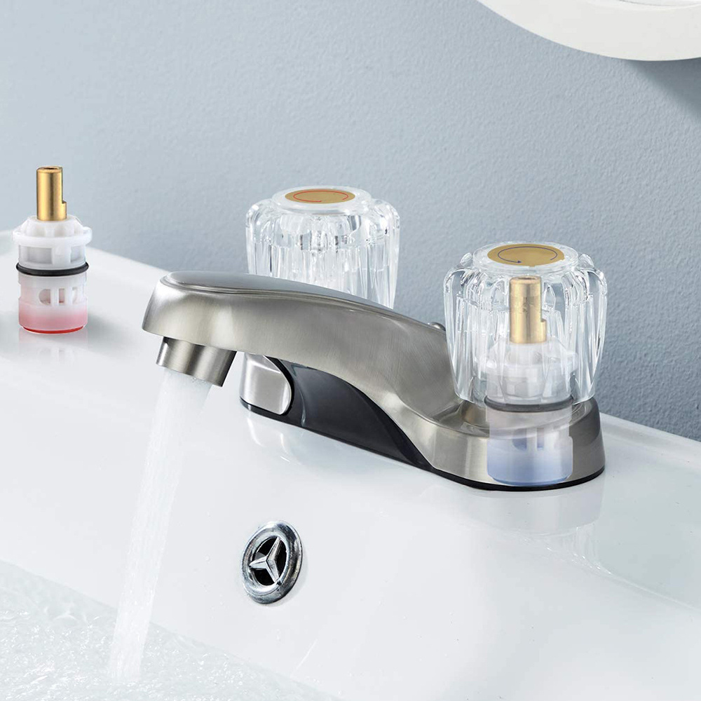 Aquacubic CUPC Brushed Nickel Centerset Hot and Cold Water Dual Crystal Acrylic Knobs Bathroom Faucet