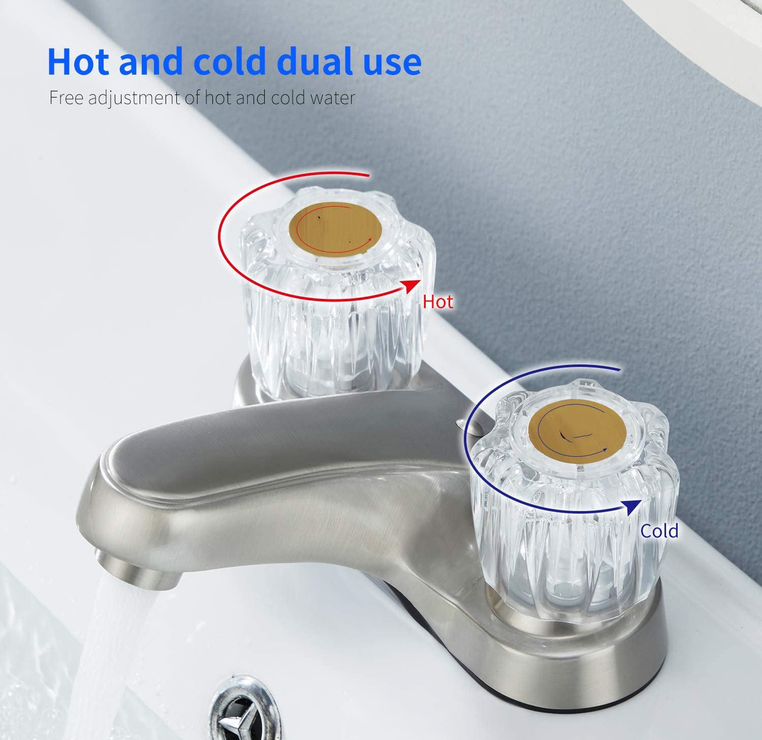 Aquacubic CUPC Brushed Nickel Centerset Hot and Cold Water Dual Crystal Acrylic Knobs Bathroom Faucet