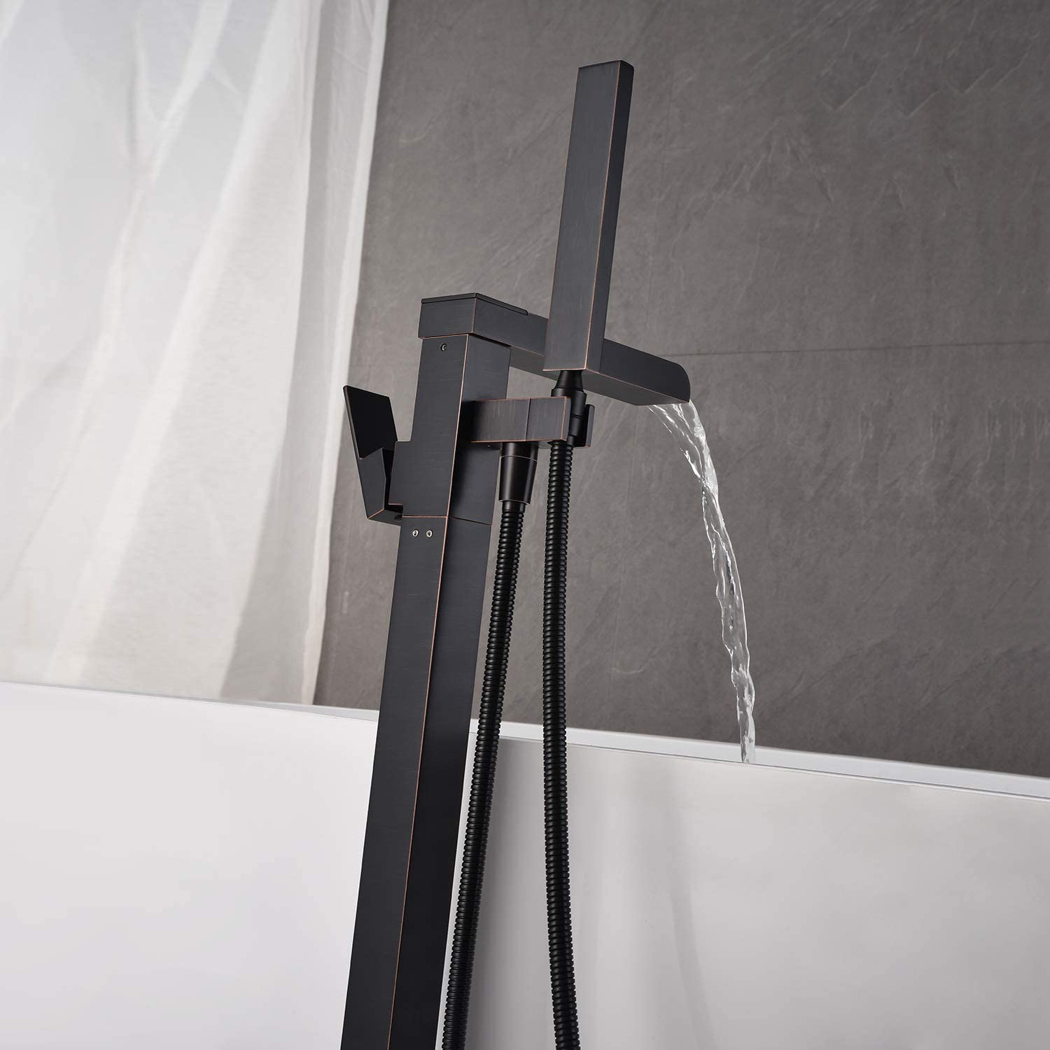 Square Shaped Standalone Floor Mounted Oil Rubbed Bronze Freestanding Bathtub Faucets with Hand Shower