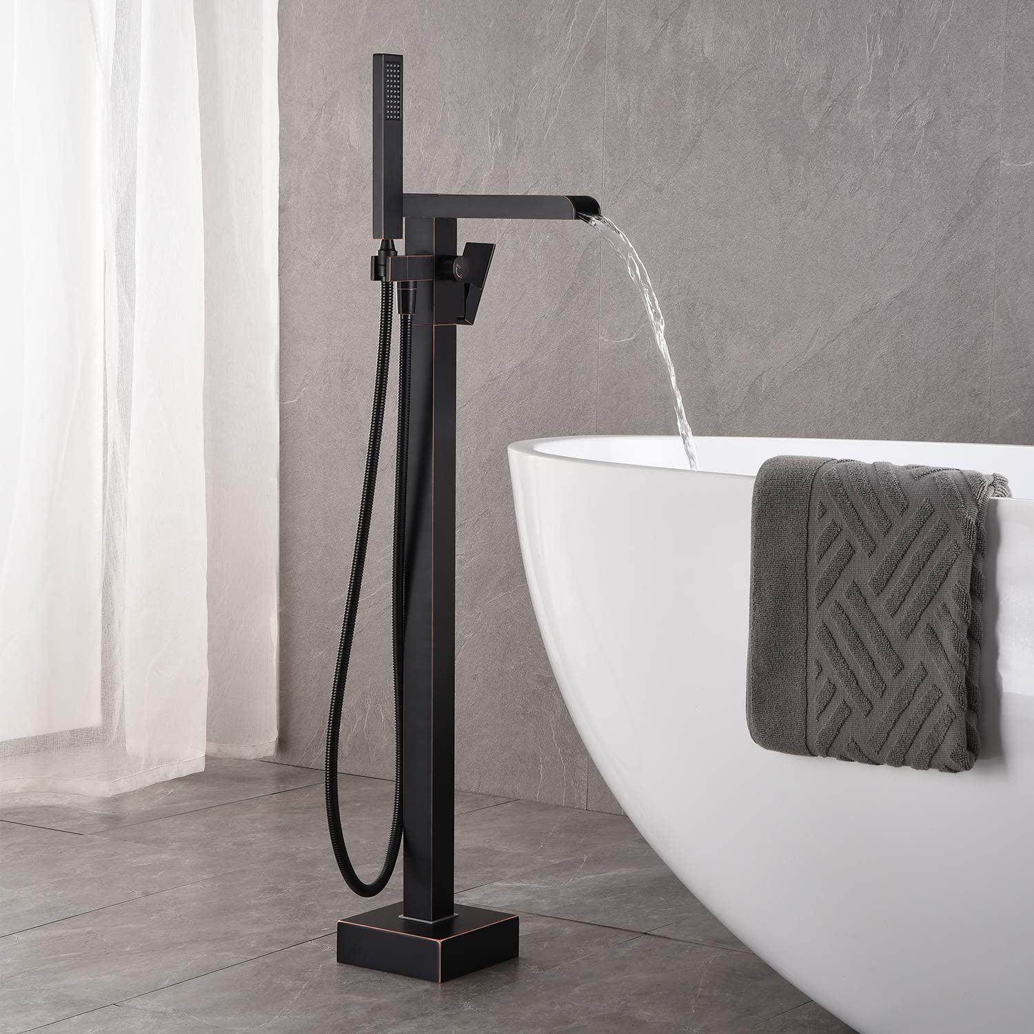 Square Shaped Standalone Floor Mounted Oil Rubbed Bronze Freestanding Bathtub Faucets with Hand Shower