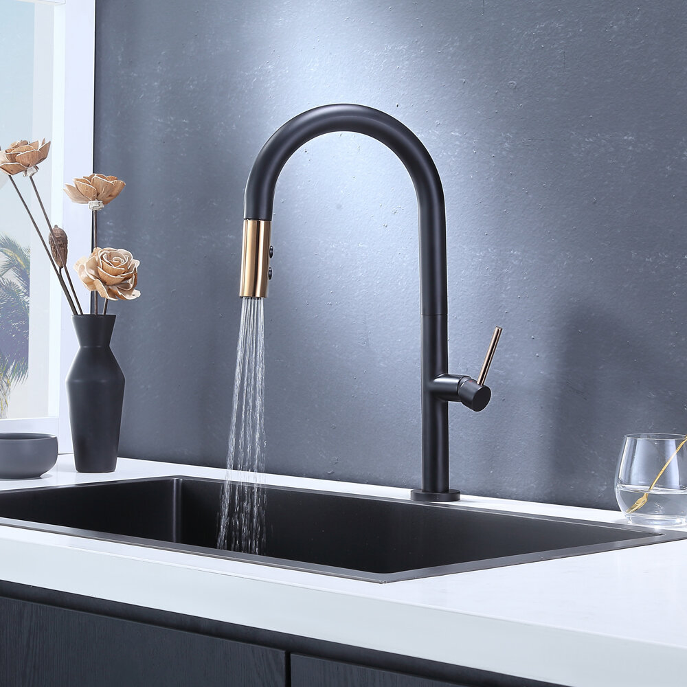 China Manufacturer Single Handle Pull Down Black and Rose Gold Kitchen Sink Faucet