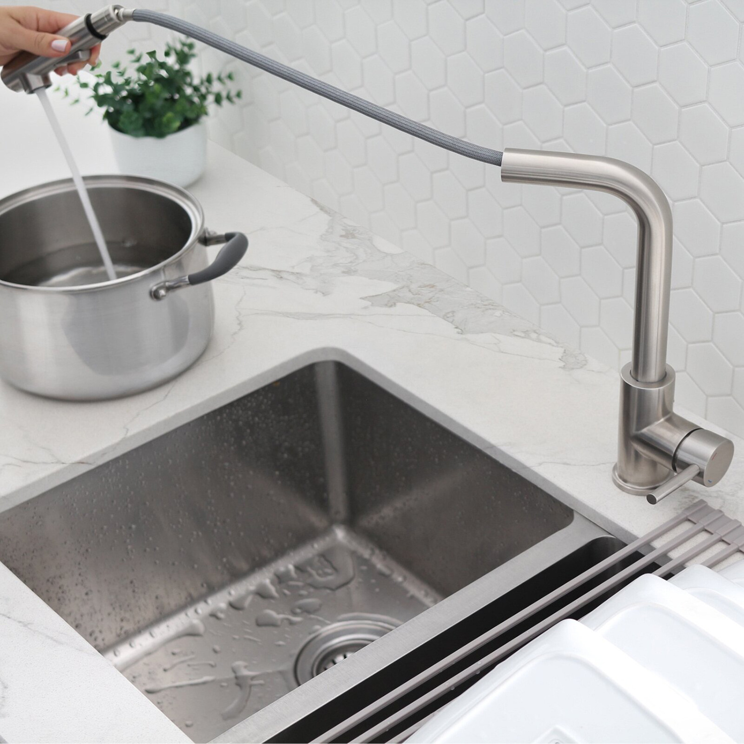 Aquacubic Commercial Stainless Steel Single Handle Kitchen Sink Faucet with Pull Out Sprayer