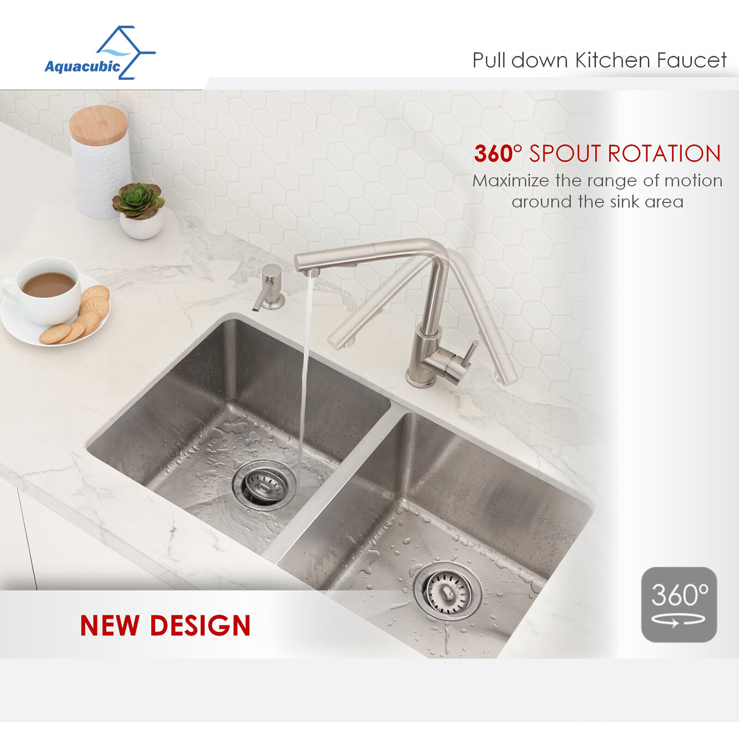 Aquacubic Commercial Stainless Steel Single Handle Kitchen Sink Faucet with Pull Out Sprayer