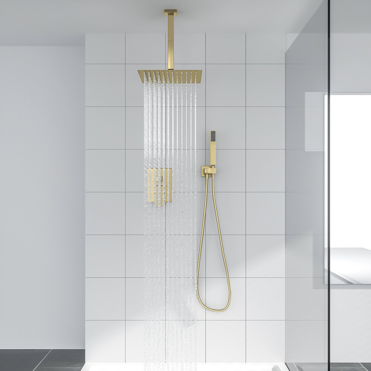 Luxury Ceiling Mount Shower System Bathroom Brushed Gold Mixer Shower Combo Set 16 Inch Rain Shower Head