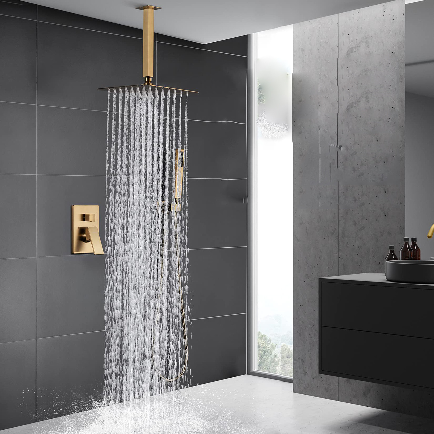 Luxury Ceiling Mount Shower System Bathroom Brushed Gold Mixer Shower Combo Set 16 Inch Rain Shower Head