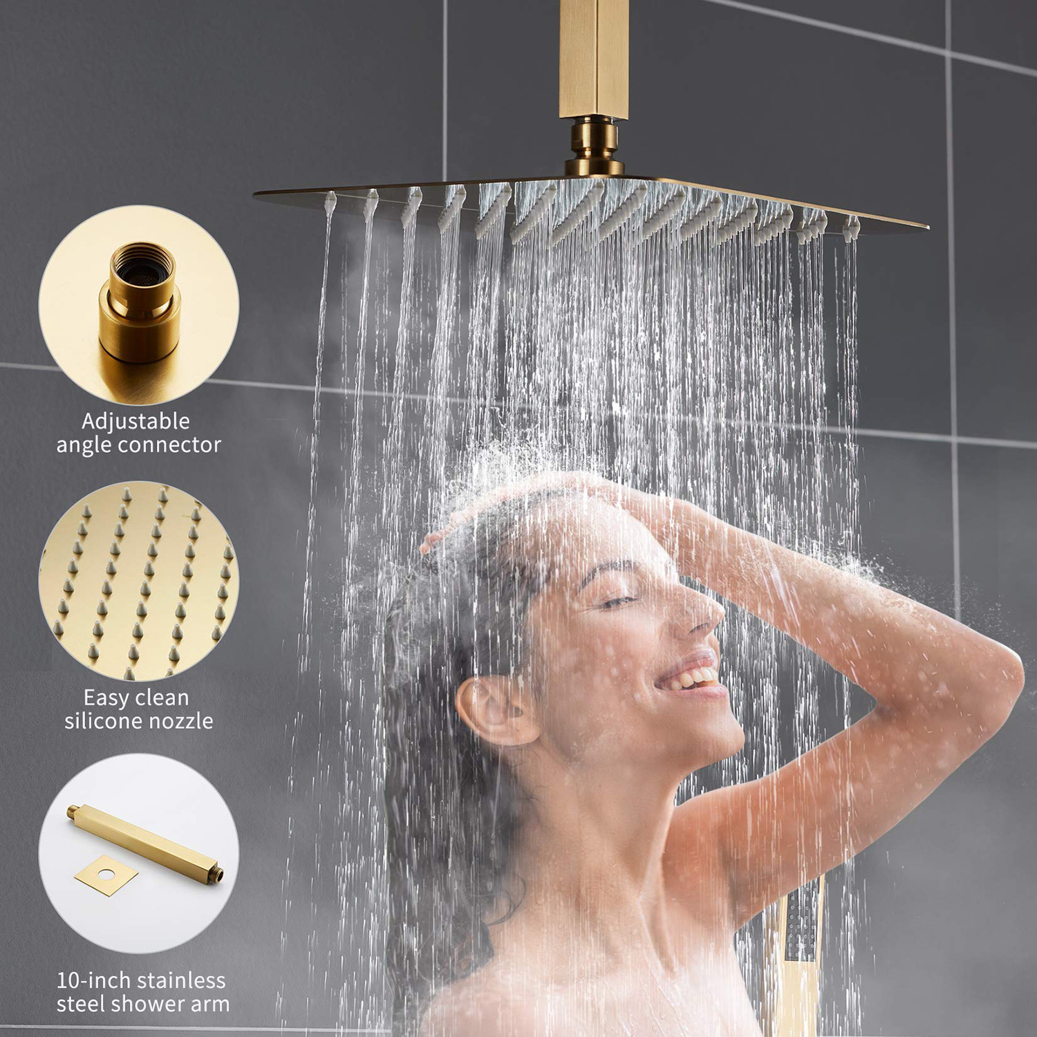 Luxury Ceiling Mount Shower System Bathroom Brushed Gold Mixer Shower Combo Set 16 Inch Rain Shower Head