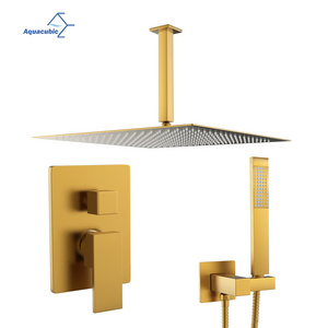 Luxury Ceiling Mount Shower System Bathroom Brushed Gold Mixer Shower Combo Set 16 Inch Rain Shower Head