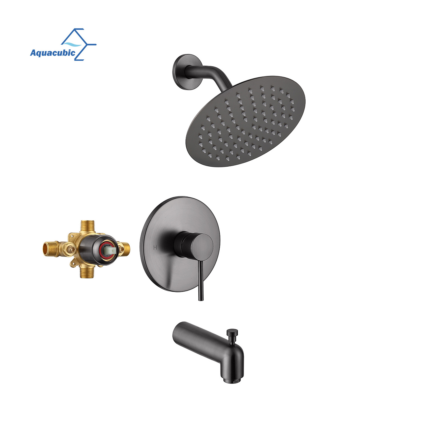 Aquacubic Gunmetal Black 8 inch round head Pressure Balancing Eco-Performance Tub and Shower Trim Kit Valve