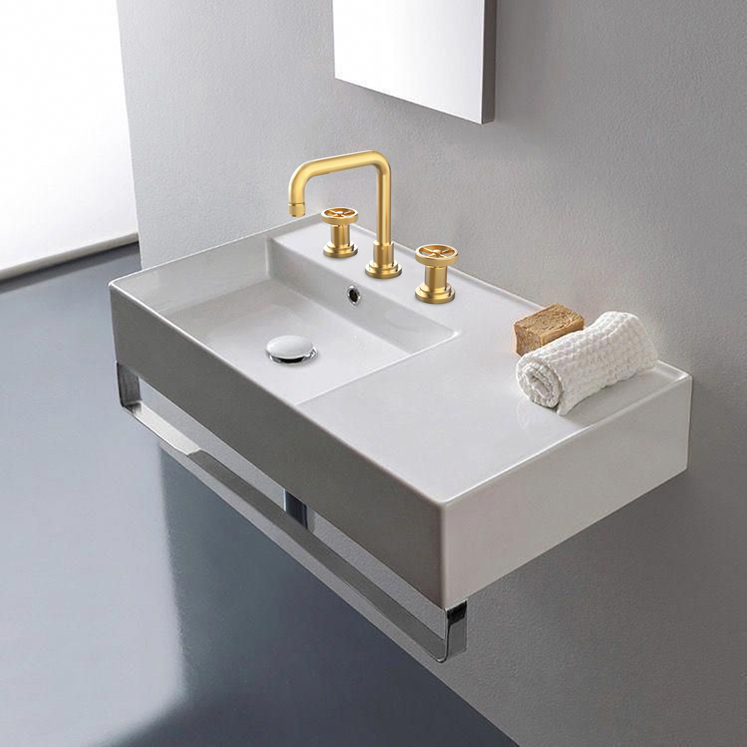 Luxury Gold Deck Mounted 3-Holes 8-in Industrial Bathroom Widespread Lavatory Basin Faucet