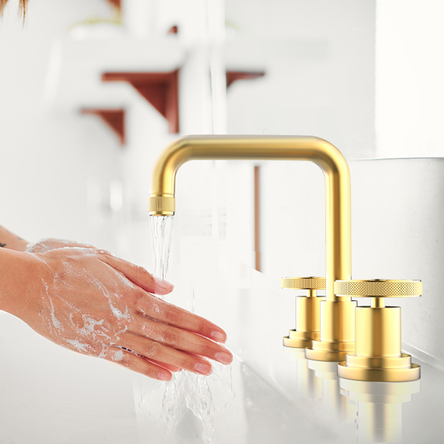 Luxury Gold Deck Mounted 3-Holes 8-in Industrial Bathroom Widespread Lavatory Basin Faucet