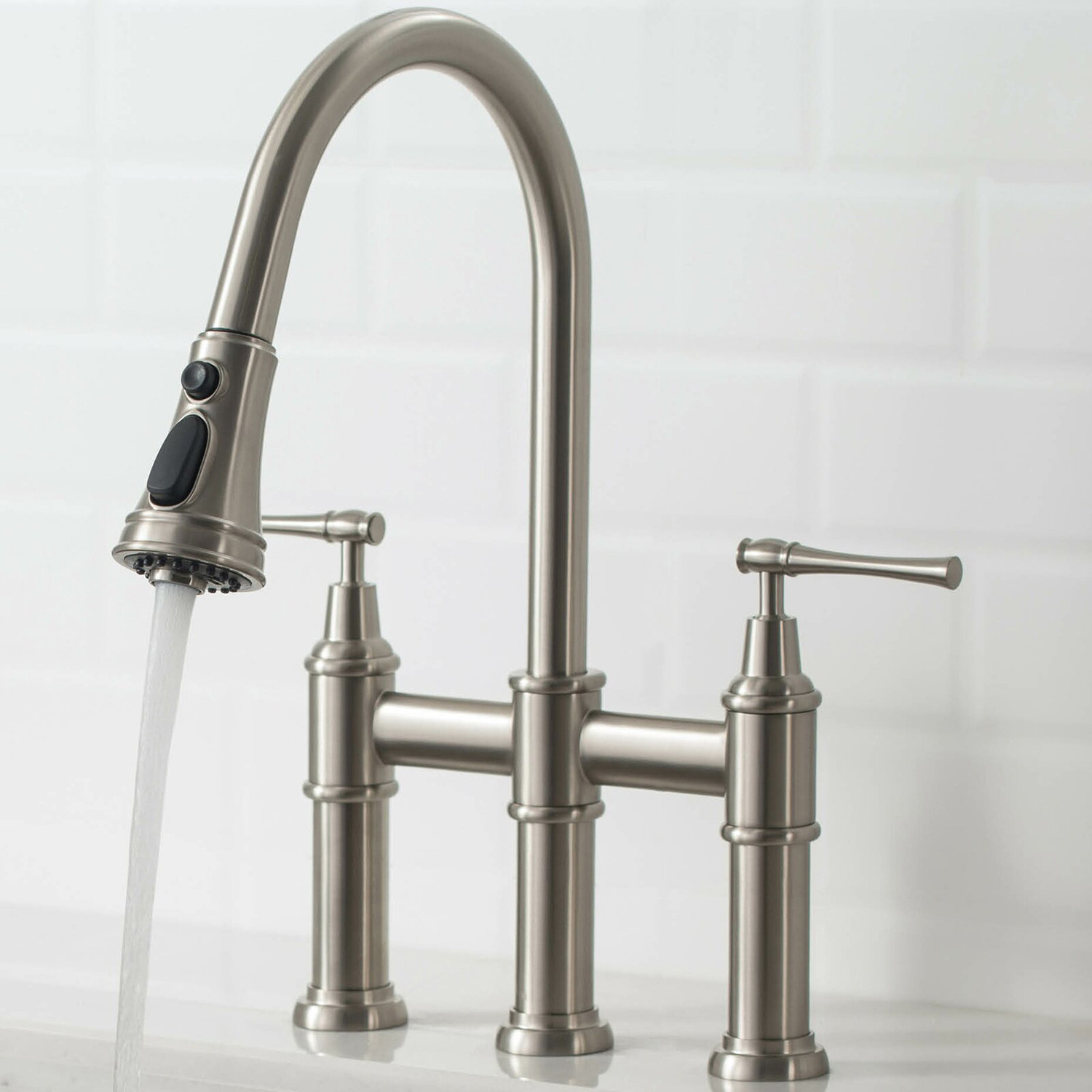 European Brushed Nickel Bridge Kitchen Faucet with Pull-Down Sprayhead 3 Hole Kitchen Sink Faucet