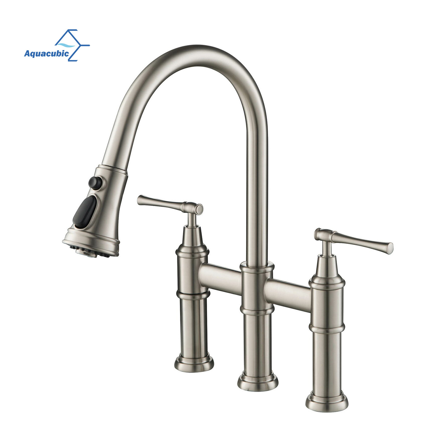 European Brushed Nickel Bridge Kitchen Faucet with Pull-Down Sprayhead 3 Hole Kitchen Sink Faucet