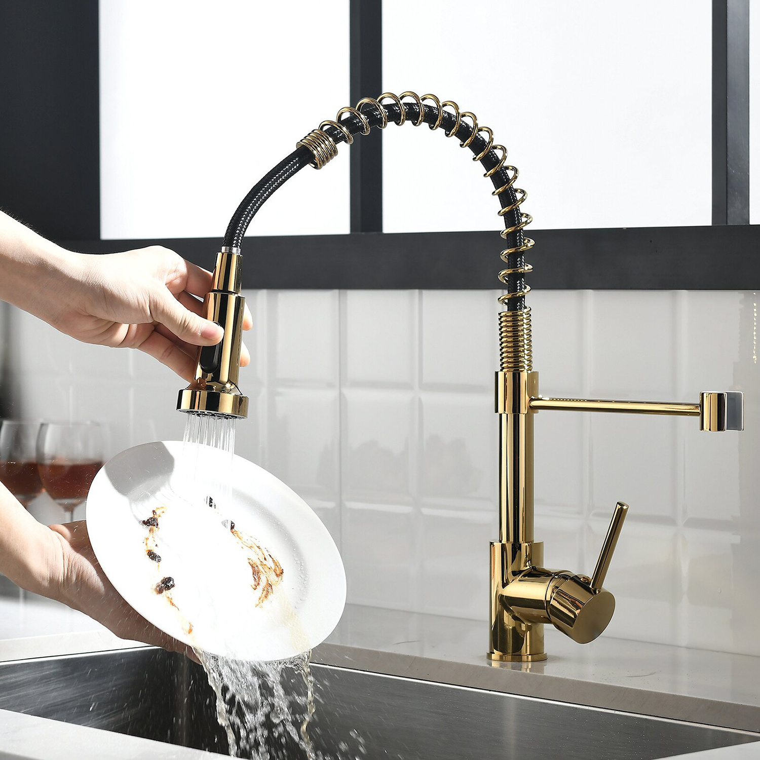 Modern Gold RV High Arc Single Handle Spring Kitchen Faucet with Pull Down Sprayer