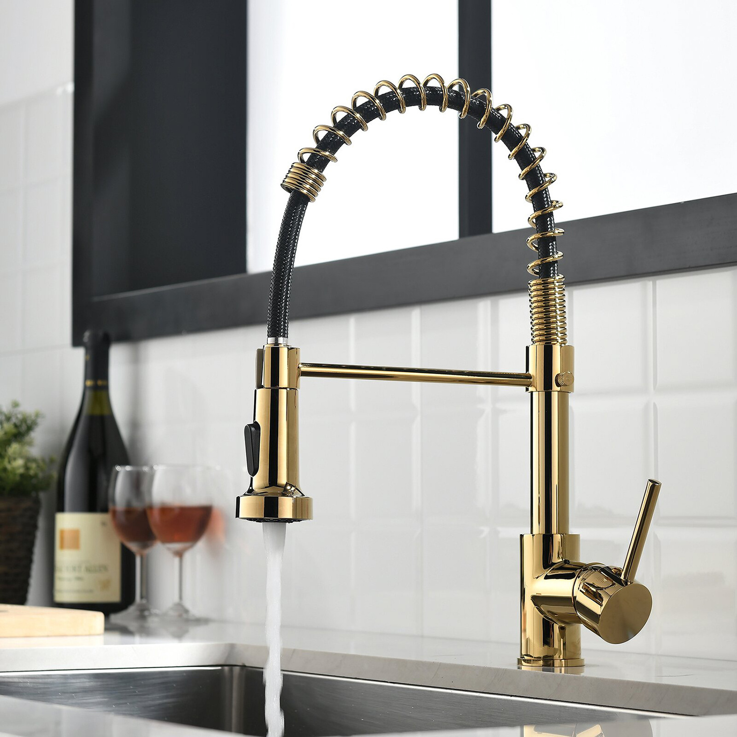 Modern Gold RV High Arc Single Handle Spring Kitchen Faucet with Pull Down Sprayer