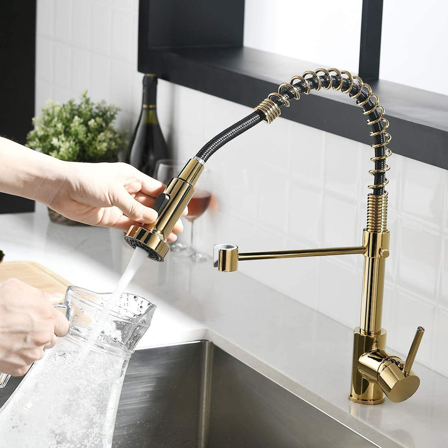 Modern Gold RV High Arc Single Handle Spring Kitchen Faucet with Pull Down Sprayer