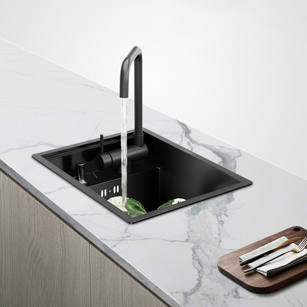 Black Hidden Sink Stainless Steel Handmade Concealed Bar sink With Intelligent Flip Cover Lifting Faucet