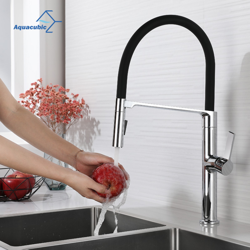 Aquacubic Chrome Brass Single Handle magnetic docking Kitchen Faucet with Flexible Rubber PVC Hose Sprayer