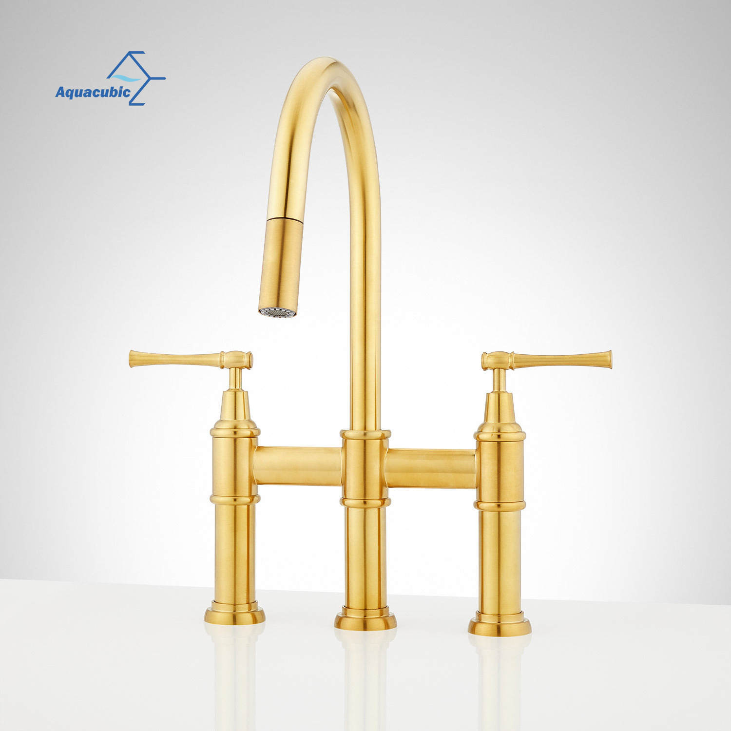 Aquacubic 3 Hole Brass Brushed Gold Bridge Kitchen Faucet with Dual Function Pull Down Sprayer