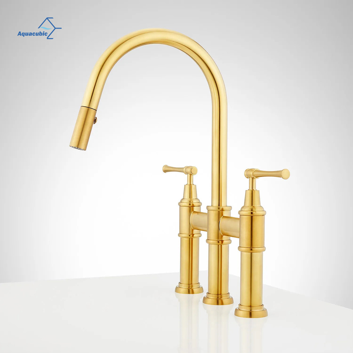 Aquacubic 3 Hole Brass Brushed Gold Bridge Kitchen Faucet with Dual Function Pull Down Sprayer