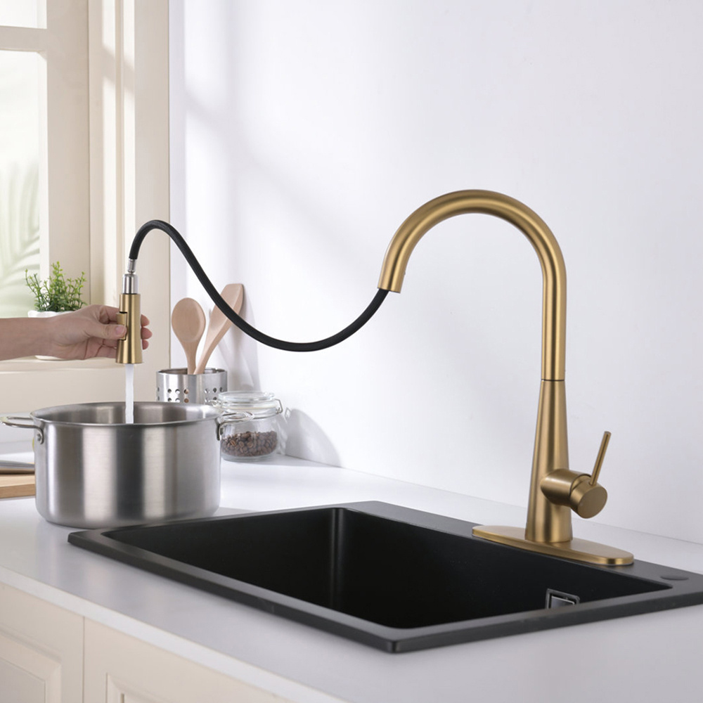 Modern Hot Sell Gold Lead Free SUS Single Handle Pull Down Kitchen Faucet