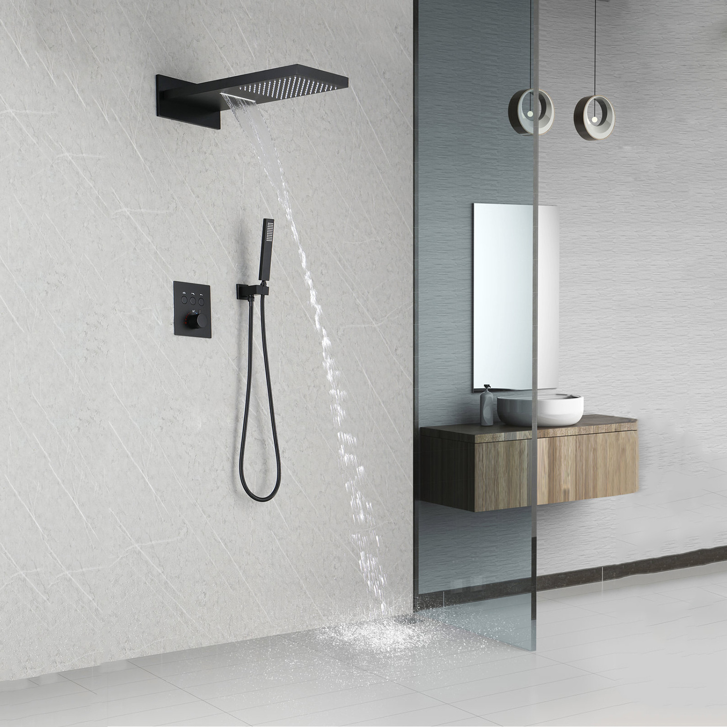 Aconcealed wall mount rainfall bathroom thermostatic shower push-button type shower head faucet mixer system