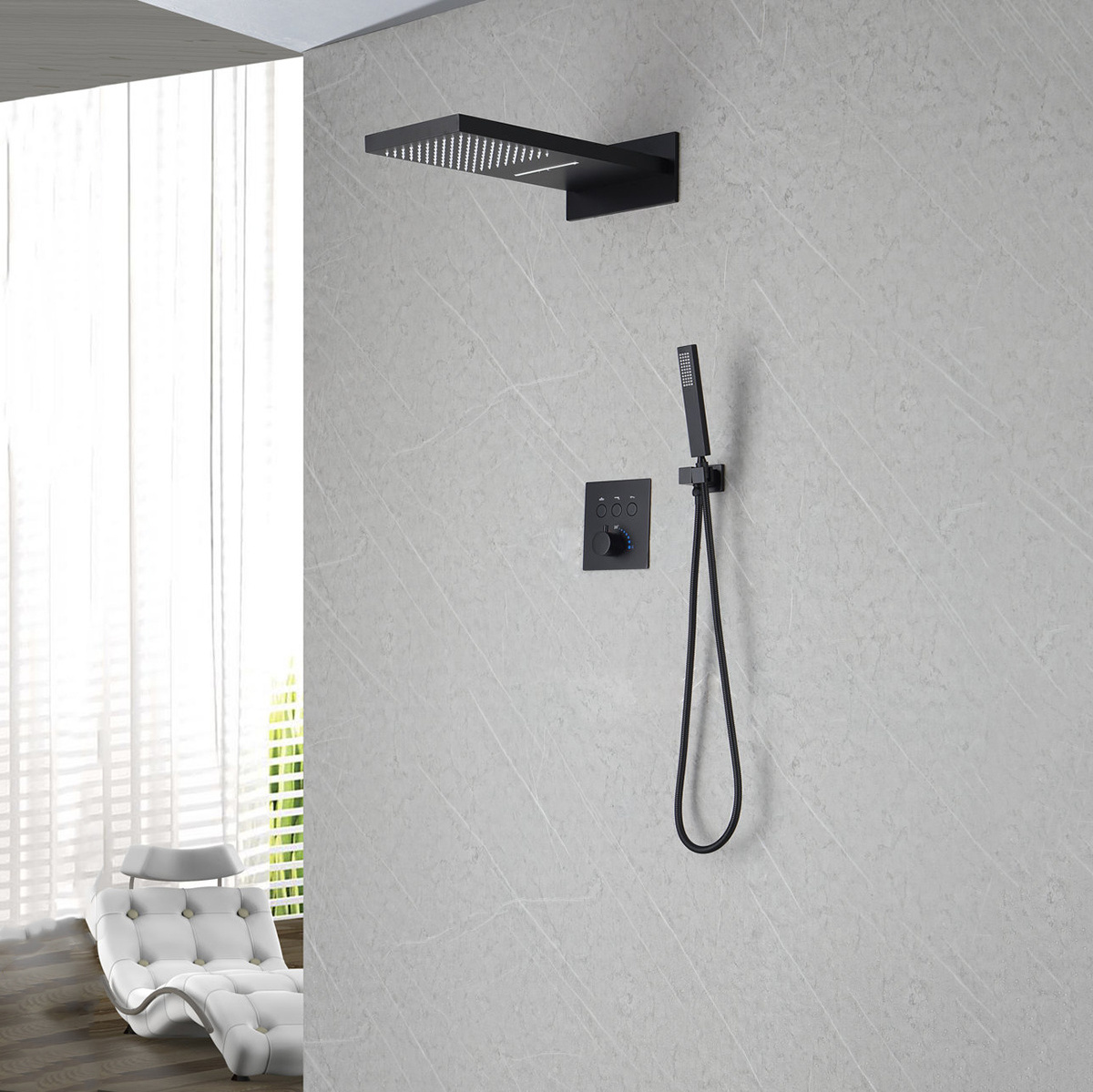 Aconcealed wall mount rainfall bathroom thermostatic shower push-button type shower head faucet mixer system