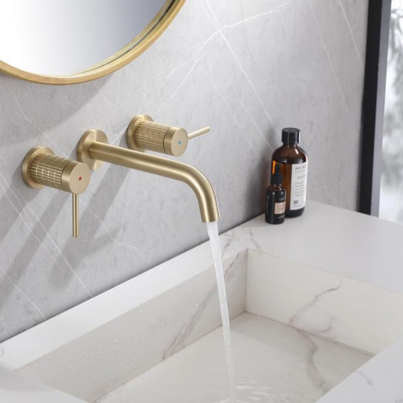 Gold Brushed Wall Mount Bathroom Basin Brass Faucet Three Holes for Hotel Washroom Taps and Faucets