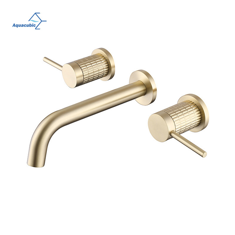 Gold Brushed Wall Mount Bathroom Basin Brass Faucet Three Holes for Hotel Washroom Taps and Faucets