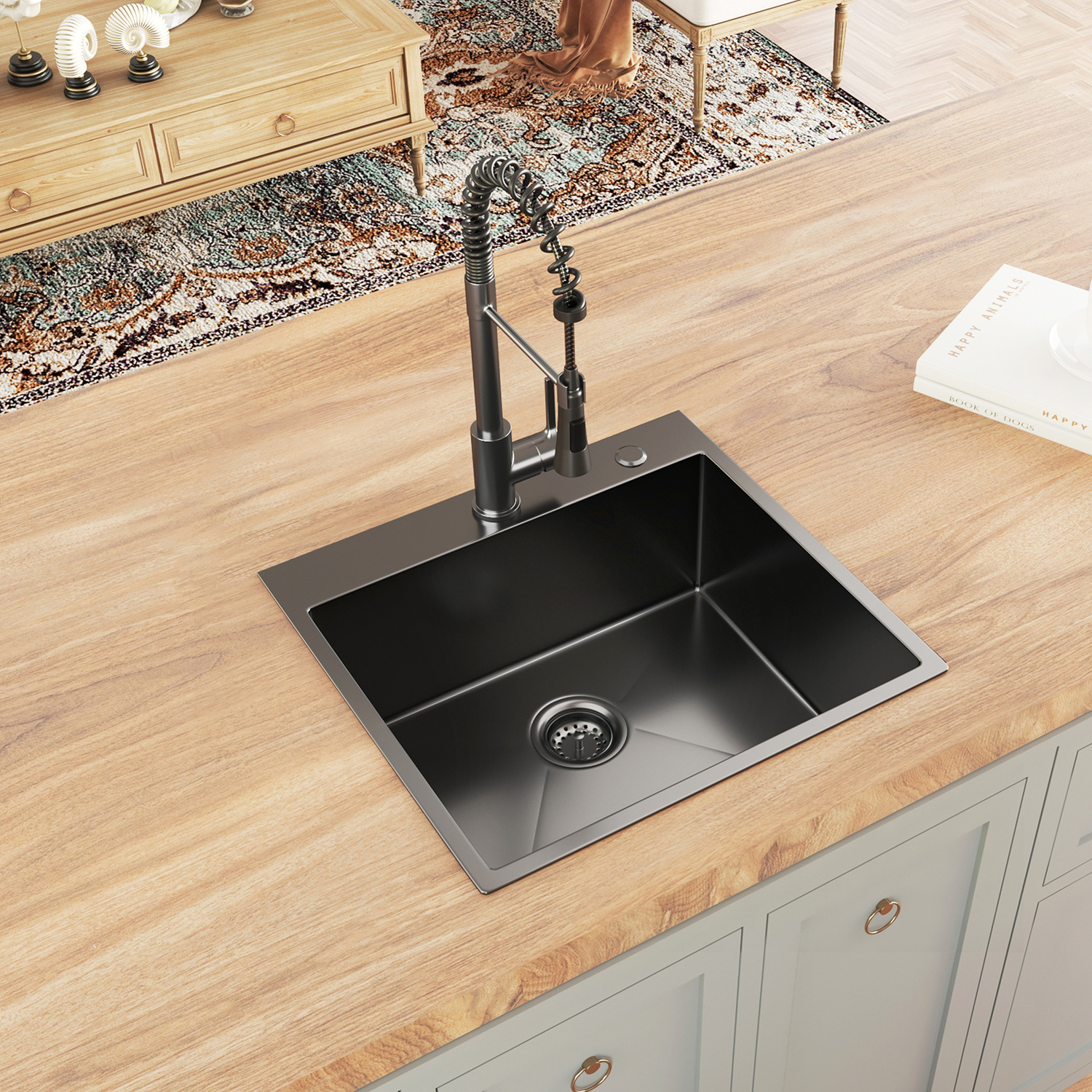 Nano Black Topmount Kitchen Sink Black Drop in Kitchen Sink, Lucky 16 Gauge Stainless Steel with 2 Holes Modern