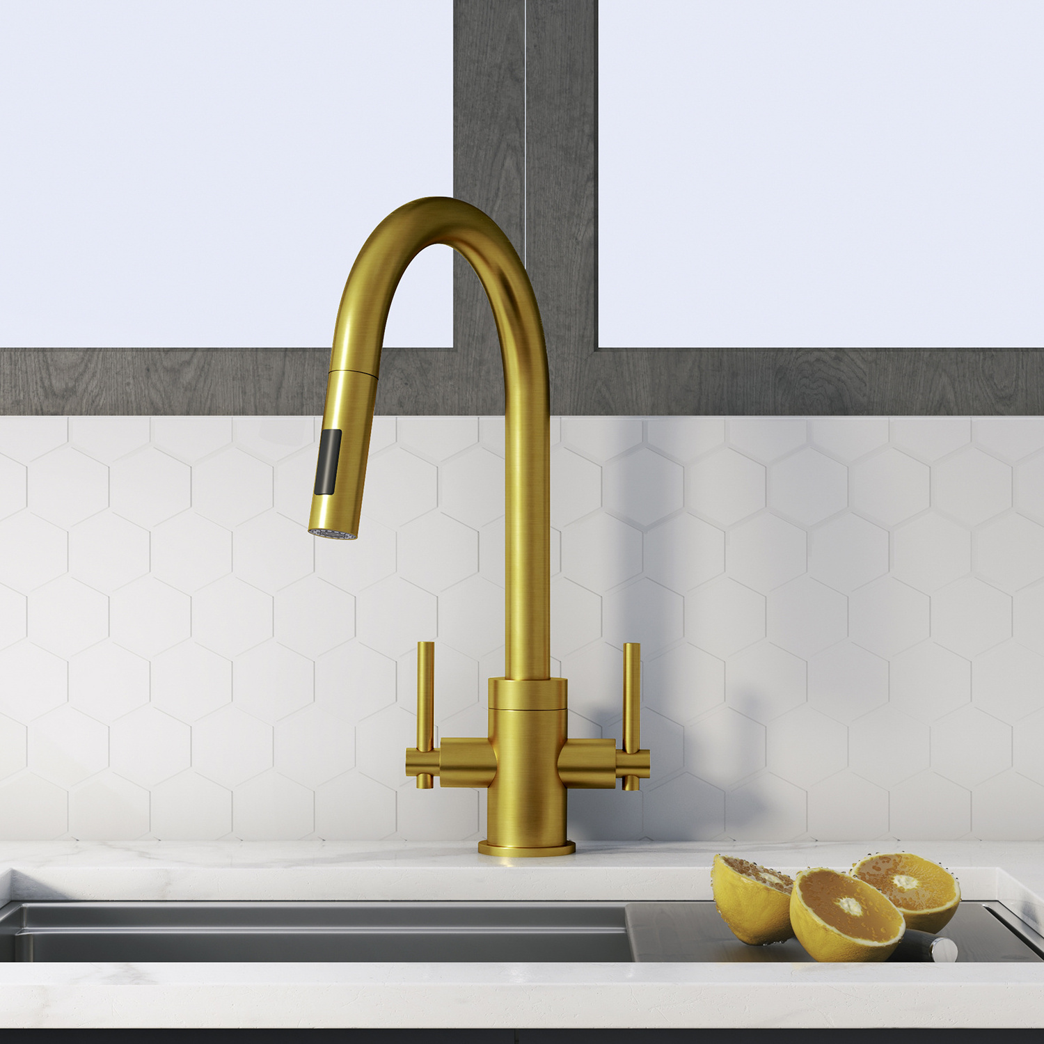 Manufacturer cUPC Kitchen brass Cold Hot Water Dual Handle Brushed Gold Faucet