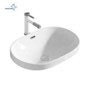 Professional Supplier White Lavatory Semi-recessed Oval Face Ceramic Vessel Cabinet Basin Bathroom Sink