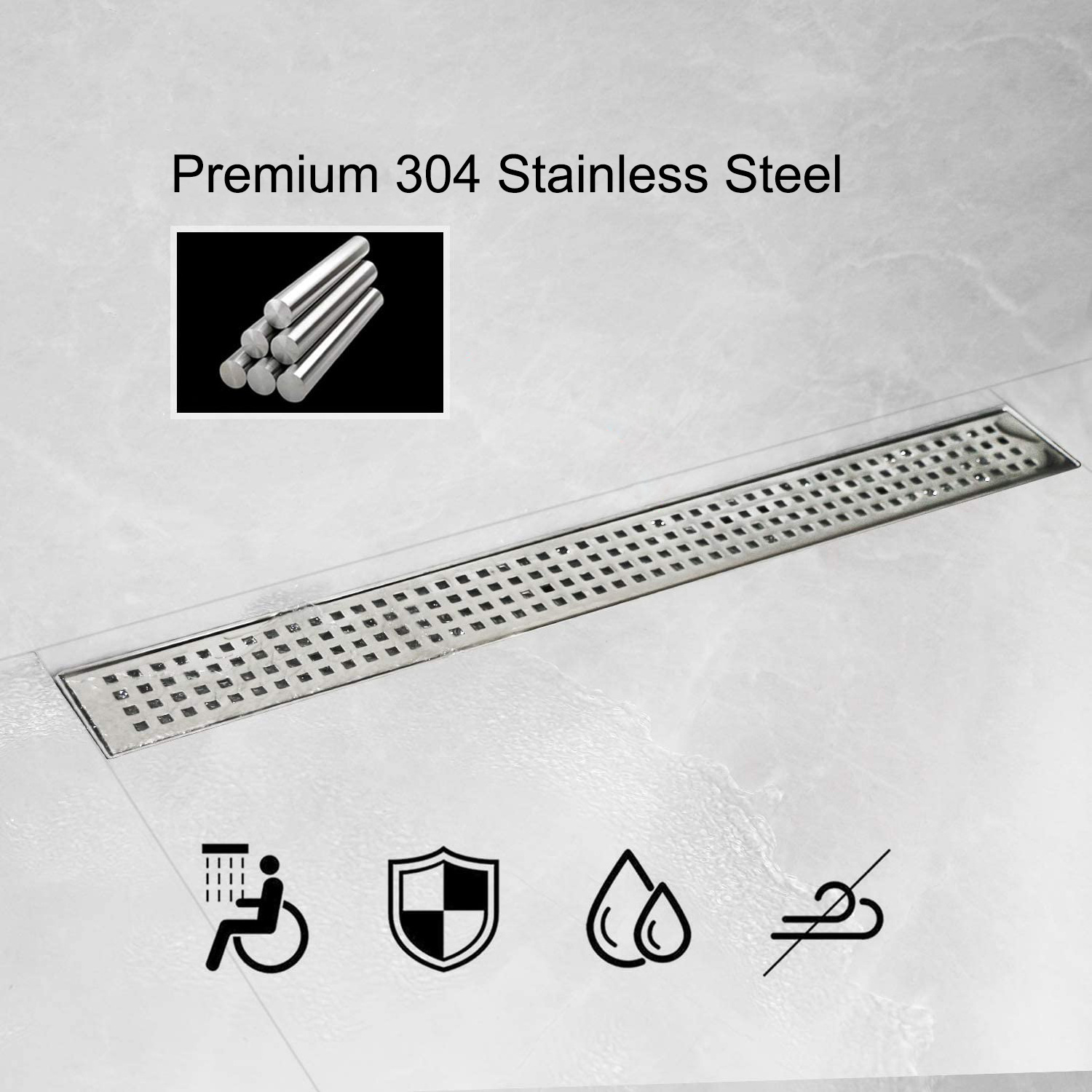 Bathroom SUS304 shower linear floor drain cover anti odor stainless steel bathroom long floor drain