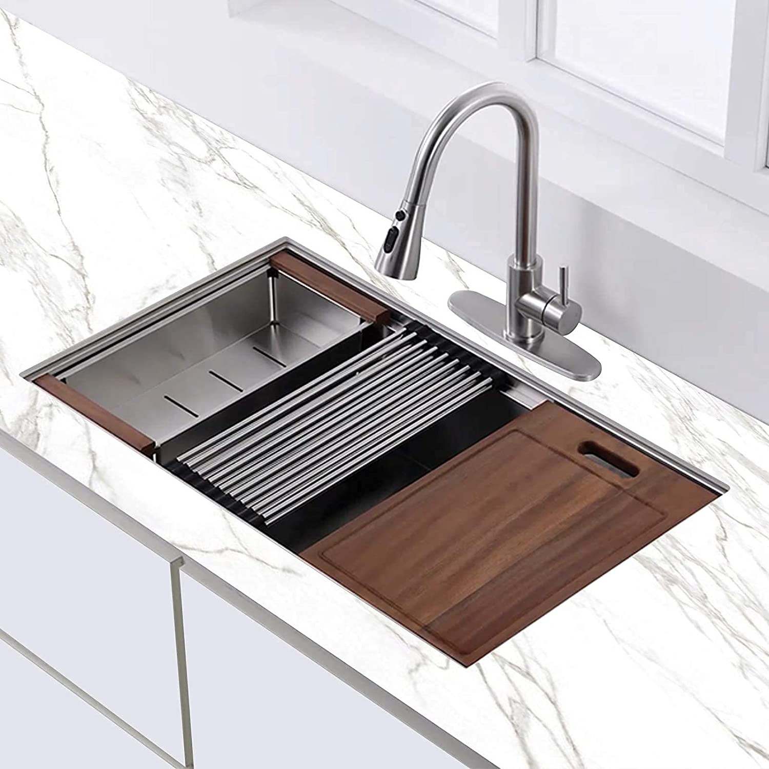 Aquacubic 32 Inch Single Bowl Undermount Workstation 304 Stainless Steel 16 Gauge Handmade Kitchen Sink with Ledge