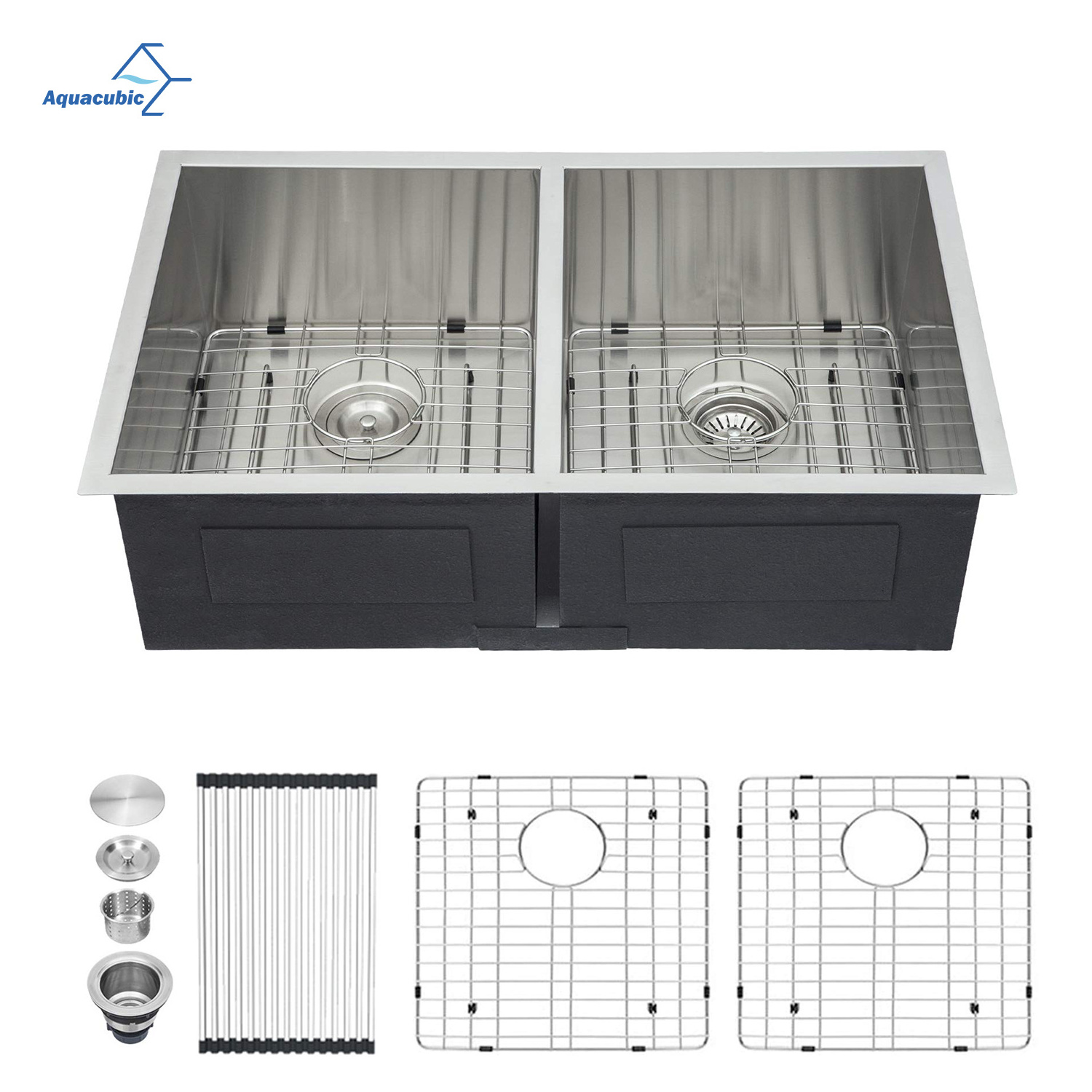 Aquacubic 33 Inch Undermount Double Bowl 18 Gauge Stainless Steel Kitchen Sink With Bottom Grid