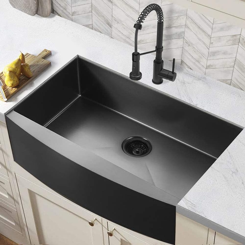 Aquacubic 30 Inch Farmhouse Farm Apron Front Single Bowl 304 Stainless Steel Handmade Black Kitchen Sink