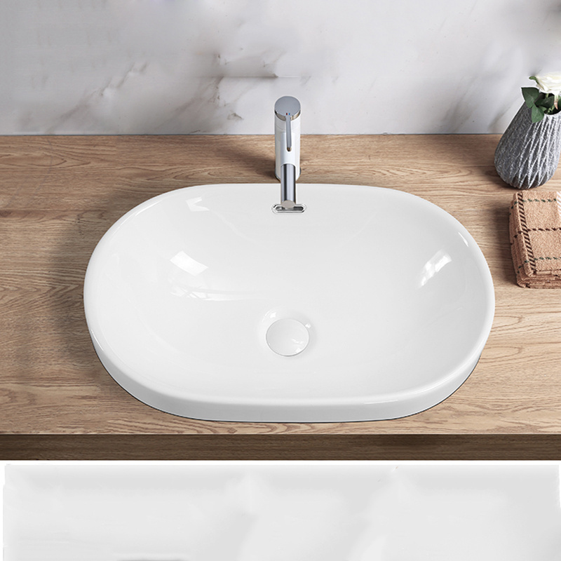 Professional Supplier White Lavatory Semi-recessed Oval Face Ceramic Vessel Cabinet Basin Bathroom Sink