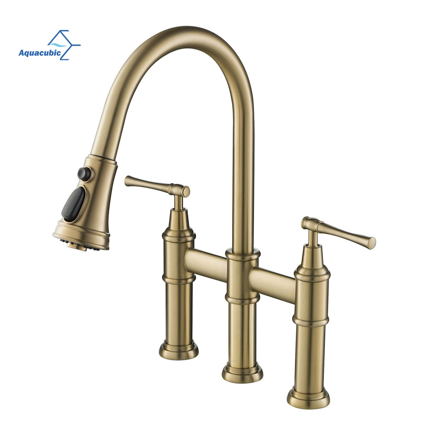 Manufacture Lead Free Brass Double Handle Brushed Gold Pull-down Bridge Kitchen Faucet cupc