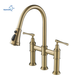 Manufacture Lead Free Brass Double Handle Brushed Gold Pull-down Bridge Kitchen Faucet cupc