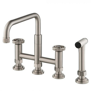 Aquacubic four holes Brushed Nickel brass Bridge Kitchen Faucet with pull out Side Sprayer