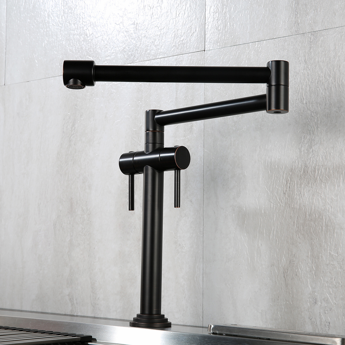 Aquacubic Oil Rubbed Bronze Kitchen Folding Faucet 2 Handle Pot Filler Faucet with Stretchable Double Joint