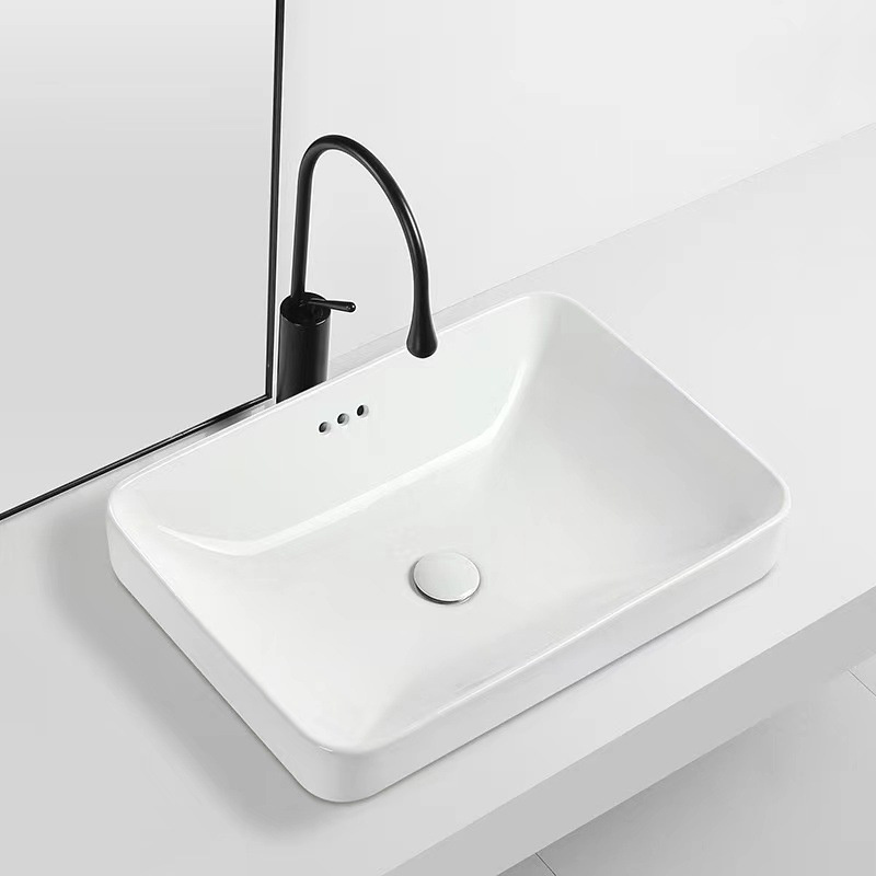 Rectangular White Semi Recessed Ceramic Wash Basin Sink Bathroom Cabinet Above Counter Bathroom Basin