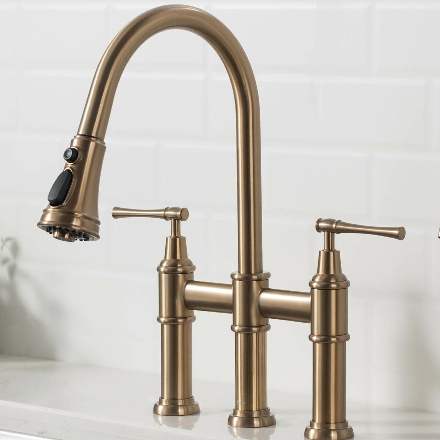 Manufacture Lead Free Brass Double Handle Brushed Gold Pull-down Bridge Kitchen Faucet cupc