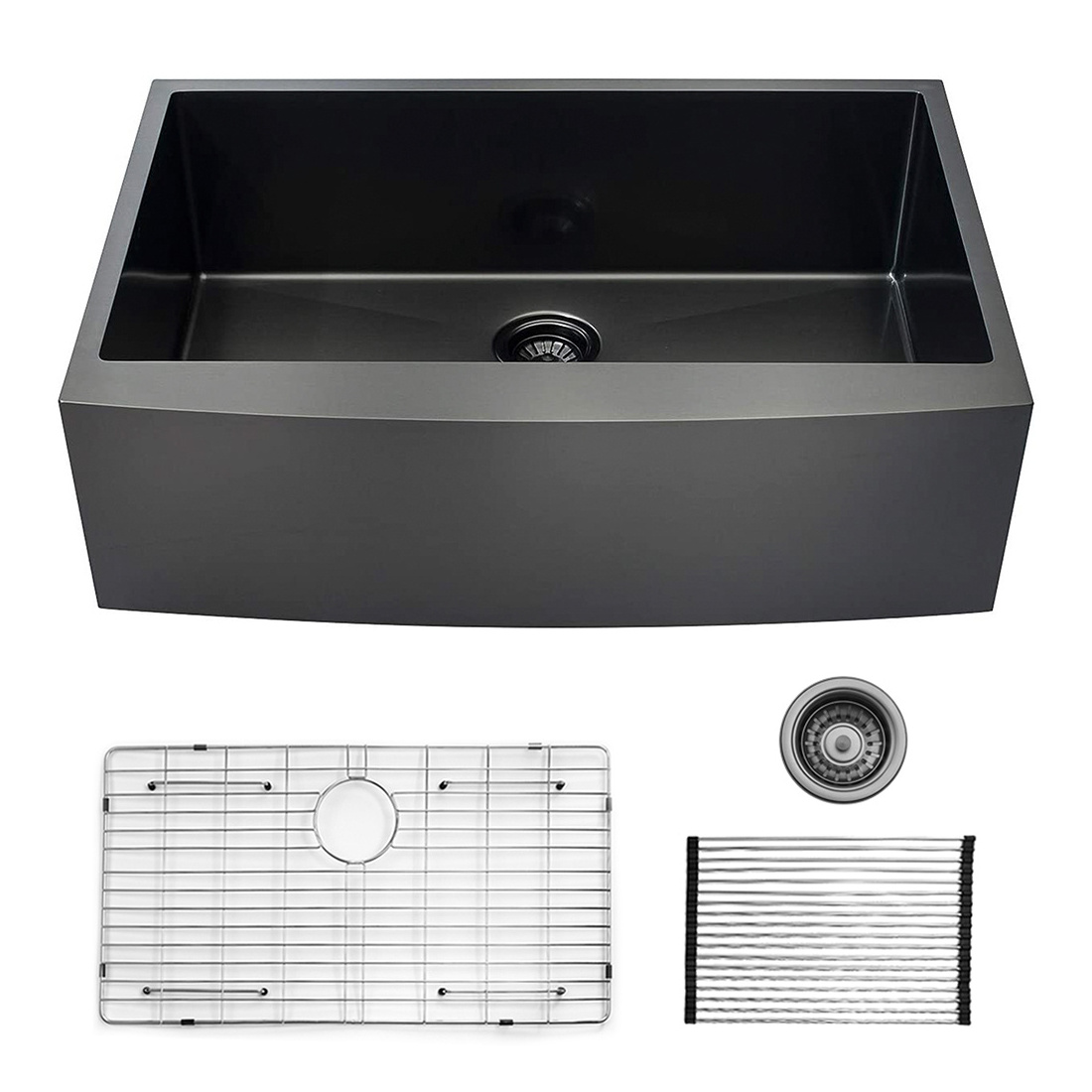 Aquacubic 30 Inch Farmhouse Farm Apron Front Single Bowl 304 Stainless Steel Handmade Black Kitchen Sink